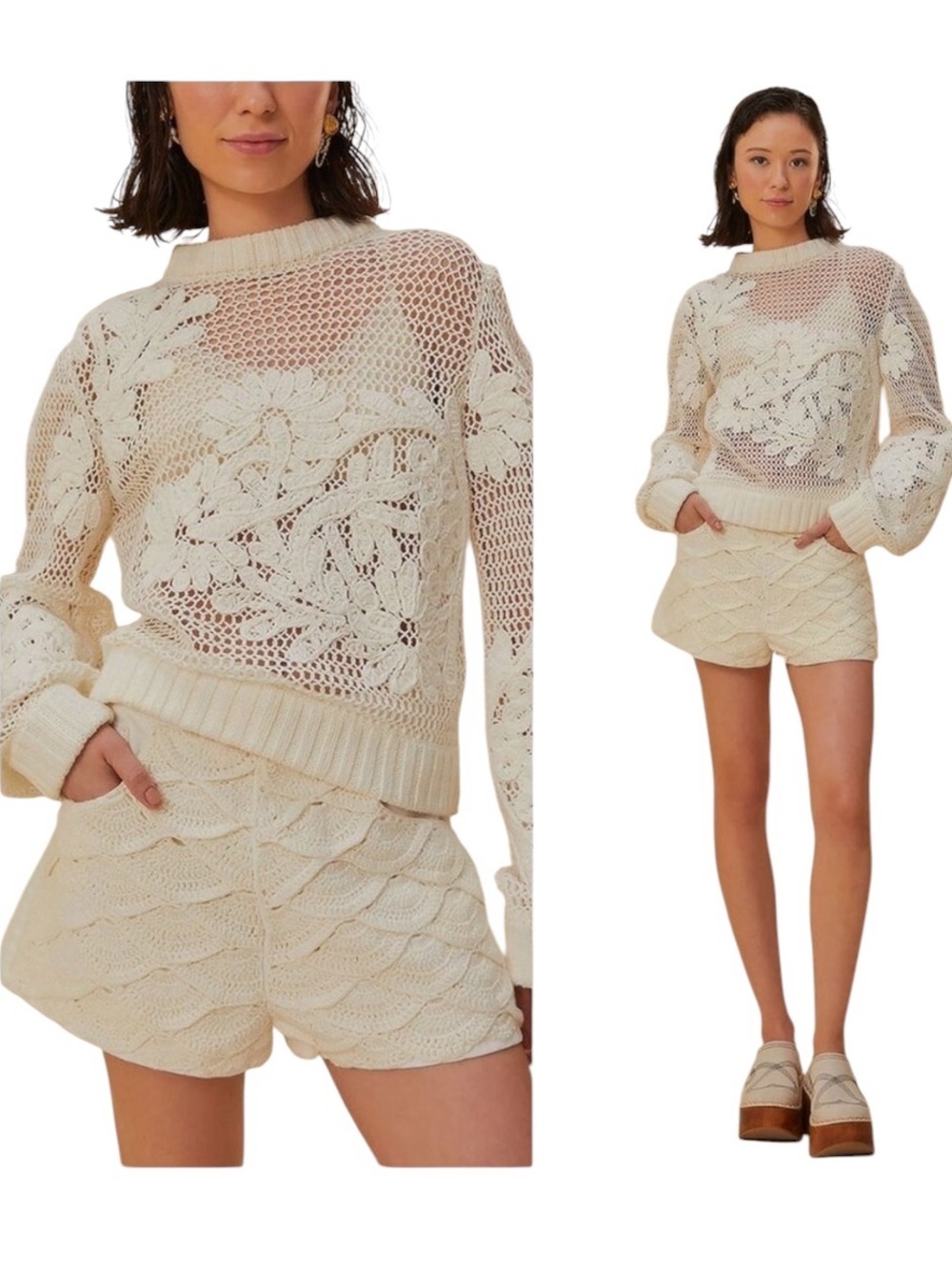 Farm Rio Crochet Denim Shorts White - Size: 30